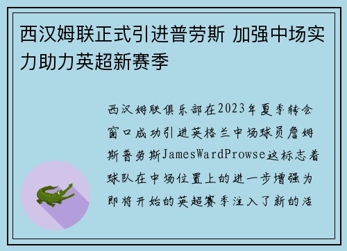 西汉姆联正式引进普劳斯 加强中场实力助力英超新赛季 西汉姆联正式引进普劳斯 加强中场实力助力英超新赛季
